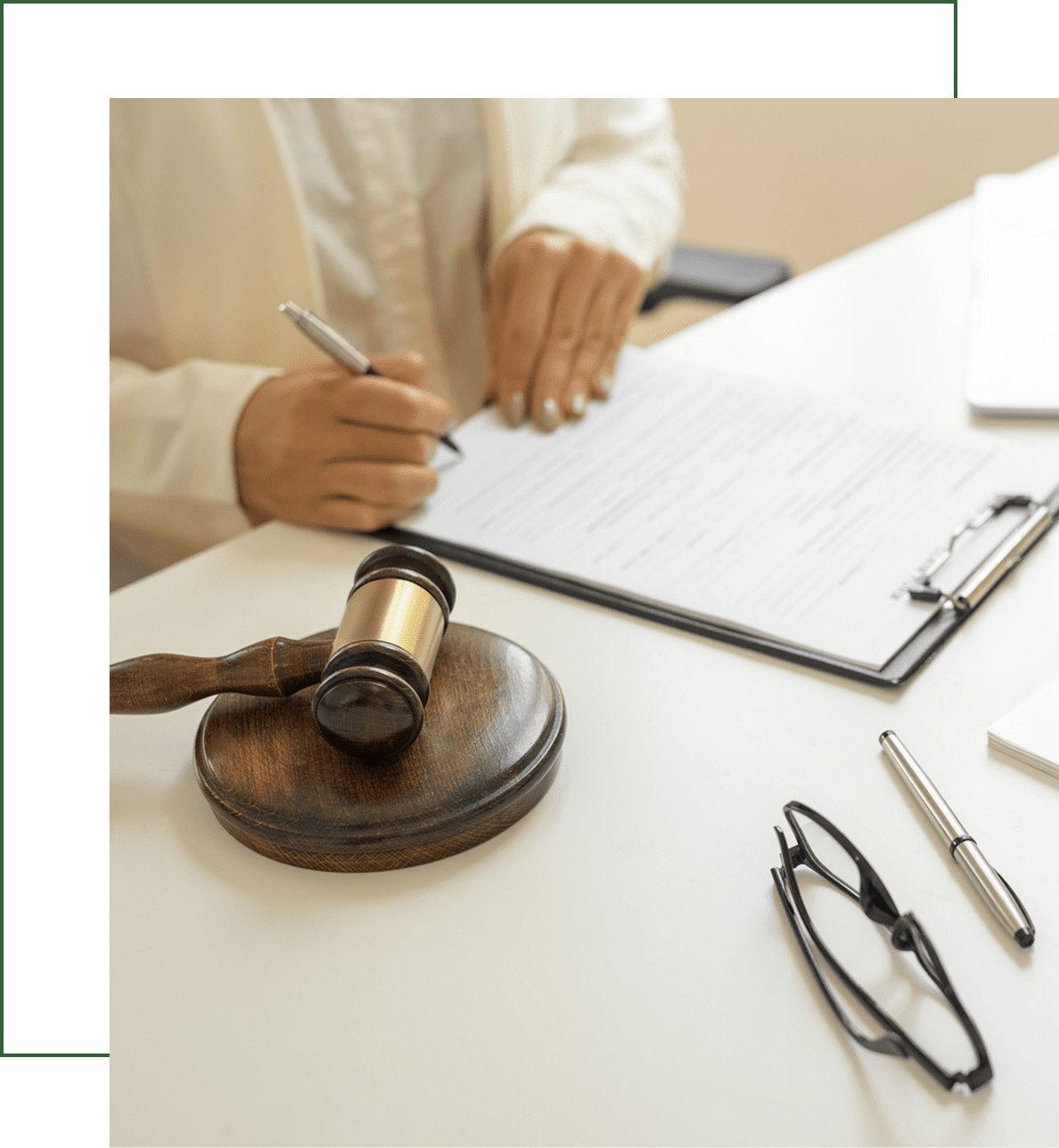 Gavel and legal document on desk