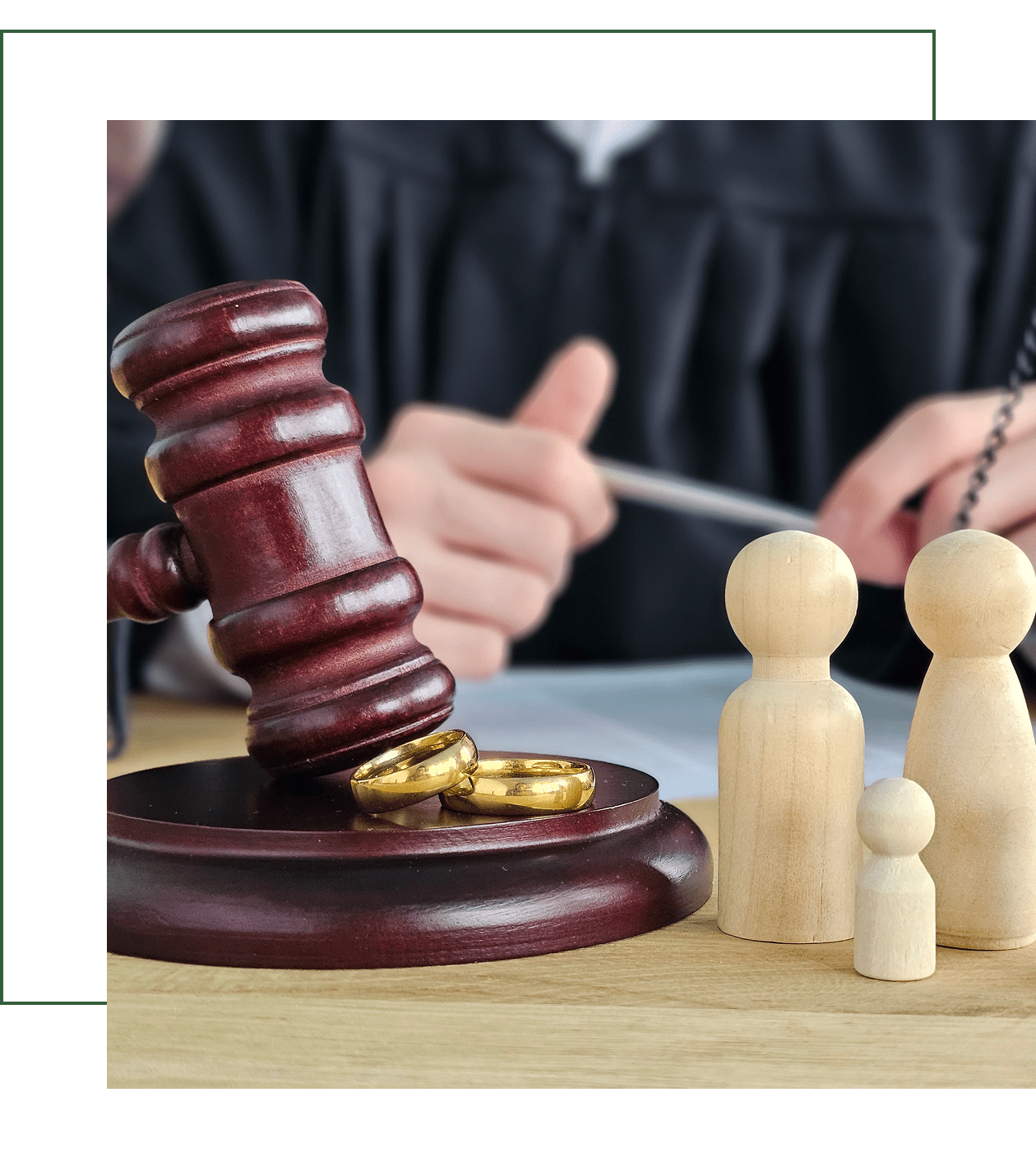 Judge, gavel, and symbolic family figures.