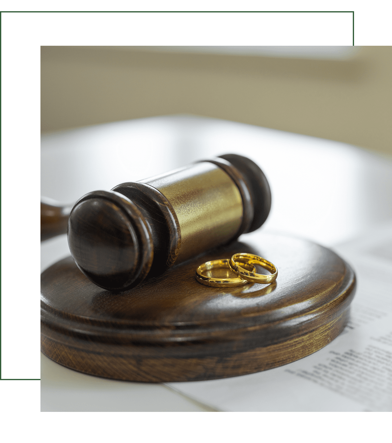 Legal decision symbolized by gavel and rings